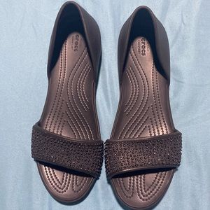 Crocs Lina D'Orsay Black Embellished Open Toe Ballet Flats Sz 9 New